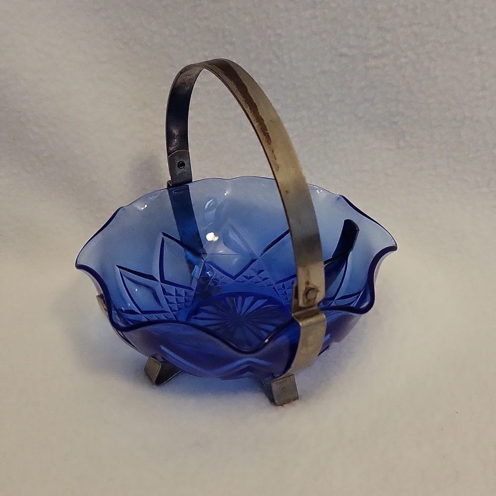 Vintage Cobalt Blue Glass Bowl with Metal Handle